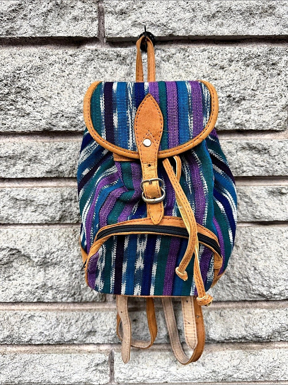 Vintage Guatemalan Woven Textile Leather Mini Backpack Boho Tribal 10x10